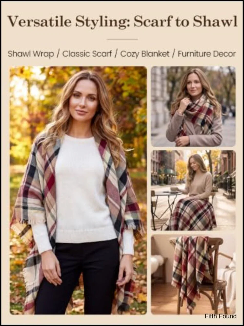 Oversized Plaid Square Shawl Wrap Winter Scarf 100% Polyester